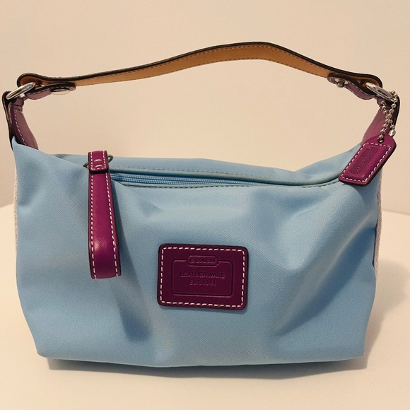 Coach Handbags - Coach Nylon Blue Purple Leather Trim SMALL Top Handle Pouch Purse Bag